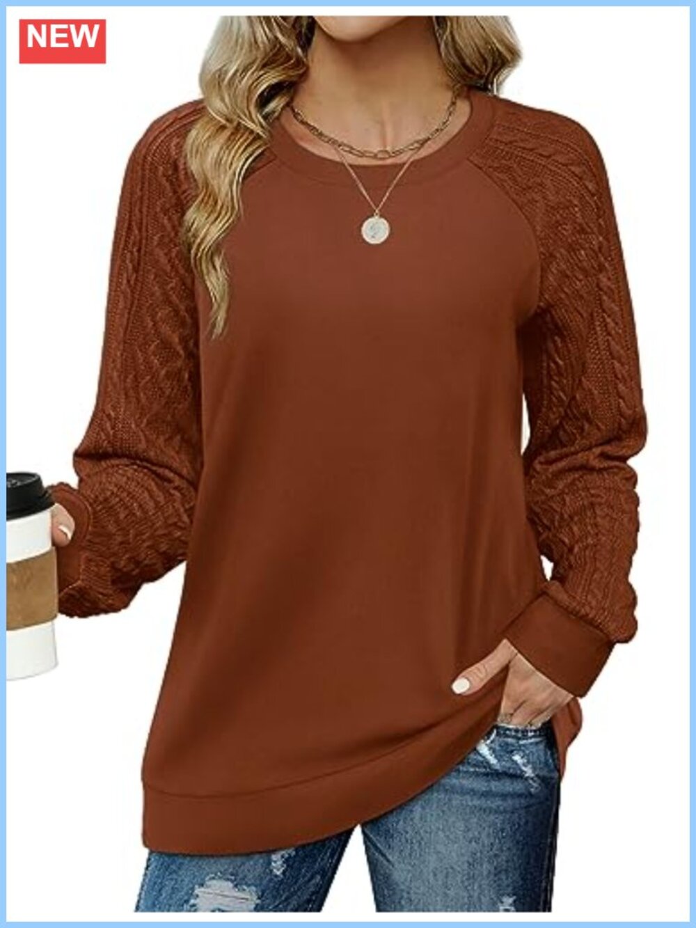 Cable Knit Sleeve Crewneck Sweatshirt Loose Fit Pullover Tunic Top